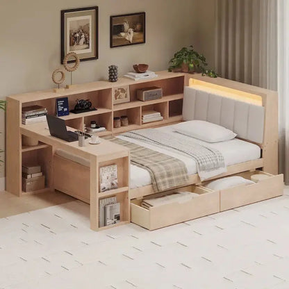 L-Shaped Upholstered Sofa Daybed with Built-in Desk, Bookcase, LED Headboard, and Under-Bed Storage