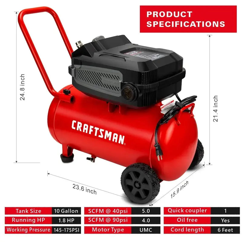 10-Gallon Oil-Free Air Compressor  1.8 HP, 175 PSI, 4.0 CFM@90 PSI, Portable w/ Large Wheels