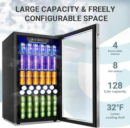 EUHOMY Beverage Refrigerator  130-Can Glass-Door Mini Fridge for Soda, Beer & Drinks