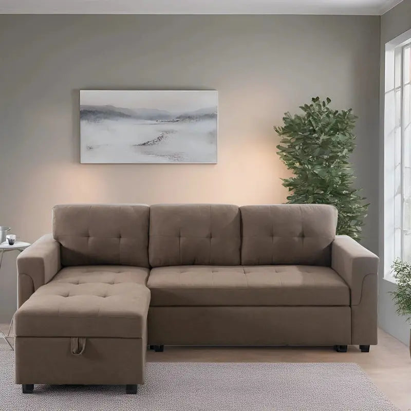 Convertible Modular Sectional Sofa  Reversible Design with Sleeper Bed & Concealed Chaise Compartment