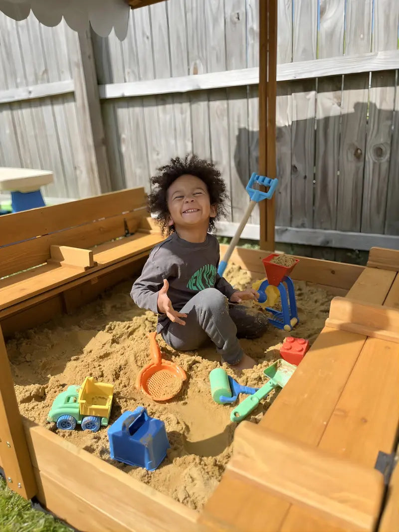 Morgete 47” Outdoor Sandbox for Kids with Lid and Bench, Wooden Sand Play Toys Center