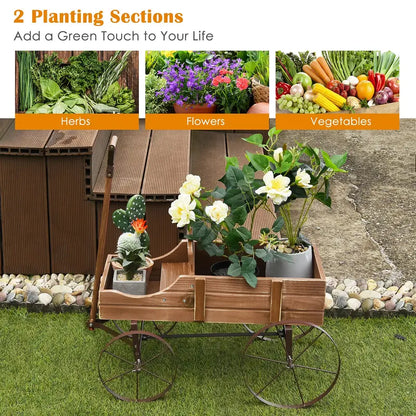 Wooden Wheeled Wagon Planter  Decorative Rolling Garden Planter for Patios and Landscapes