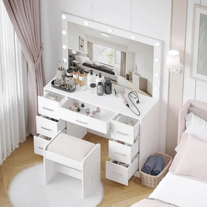 Lighted Vanity Desk Set  Adjustable Brightness Makeup Table with 3-Color LED Mirror & Matching Stool