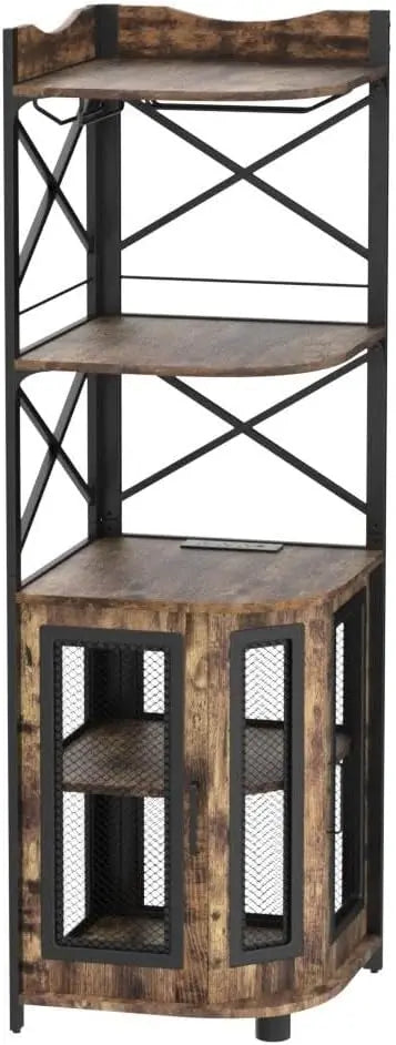 Aheaplus Industrial-Style Corner Bar Cabinet with LED Lighting, Power Outlet & Glass Rack  5-Tier White Oak Liquor Storage Unit for Compact Spaces