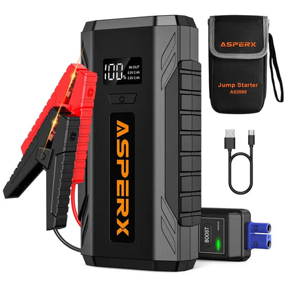 ASPERX AX2000 2000A Peak Car Jump Starter for 8.0L Gas/6.5L Diesel  12V Battery Booster with LED Light & Power Bank