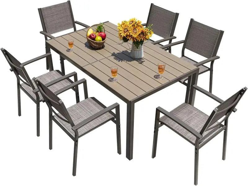 Homall 7-Piece Patio Dining Set — Large Brown Table + 6 Textilene Chairs, Weather-Resistant Outdoor Furniture for Porch or Deck