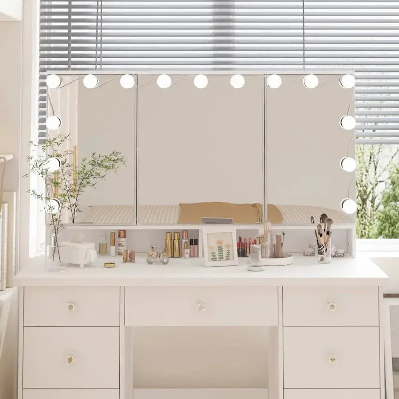Elegant LED-Lit Makeup Vanity Station  Nine-Drawer Luxury Beauty Organizer
