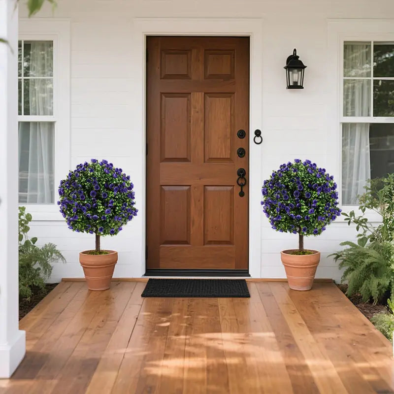 Set of 2 Artificial Purple Rose Topiary Balls  22-Inch Faux Shrub Arrangements in Decorative Pots