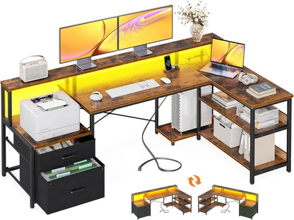 75-Inch Reversible L-Shaped Office Desk  Grey Oak Computer Desk with File Drawer, LED Strip & Monitor Shelf