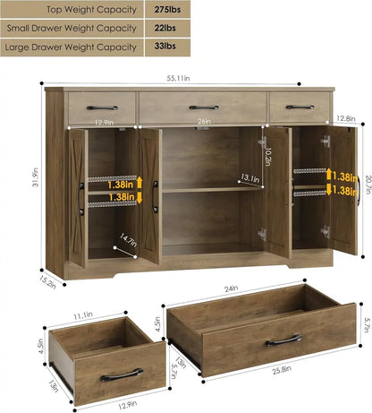 55-Inch Modern Farmhouse Sideboard  Large Storage Buffet with Doors, Shelves & Coffee Bar Style
