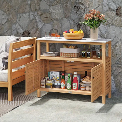 Garden Potting Bench with Storage  Two-Door Acacia Cabinet & Faux Marble Work Surface
