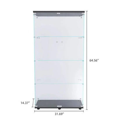 Lighted Double-Door Glass Display Cabinet  Black Finish with Four Adjustable Shelves