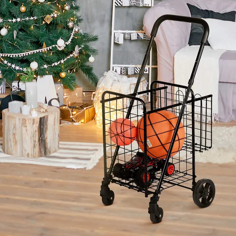 Dual-Basket Folding Utility Cart  Compact Shopping Trolley with 360° Swivel Wheels