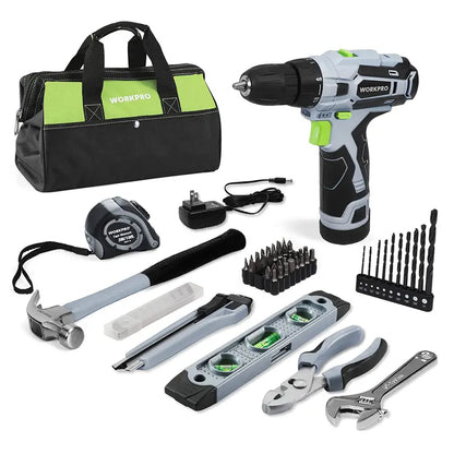 WORKPRO 12V Home Repair Kit: 61-Piece Drill Set with 14″ Organized Storage Bag