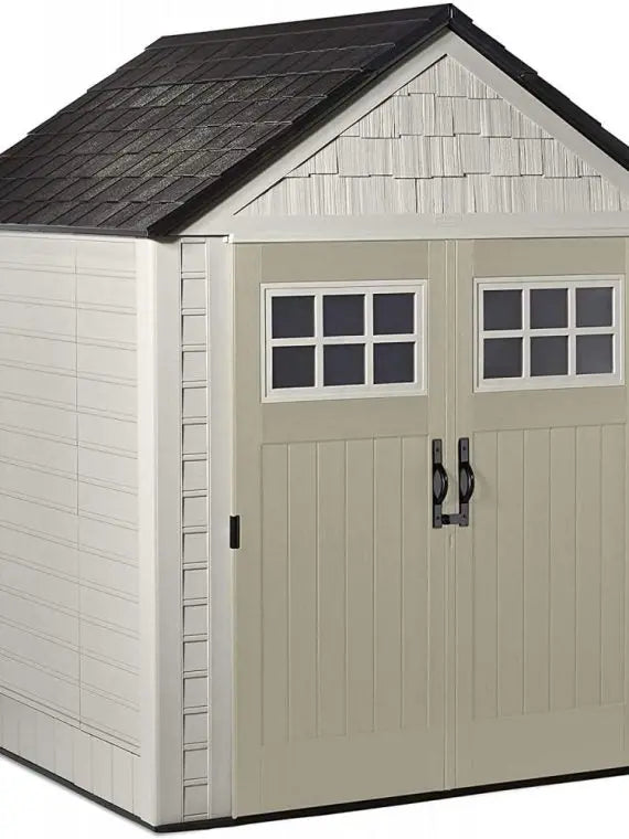 Rubbermaid 7 ft x 7 ft Outdoor Storage Shed  Weather-Resistant Resin Garden Shed with Windows and Utility Hooks (Sand)