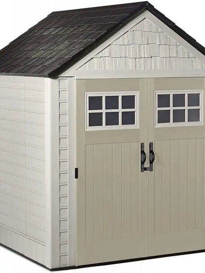 Rubbermaid 7 ft x 7 ft Outdoor Storage Shed  Weather-Resistant Resin Garden Shed with Windows and Utility Hooks (Sand)
