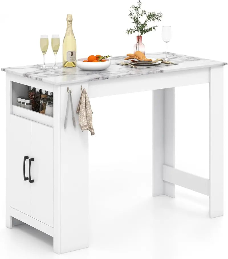 47-Inch White Counter-Height Faux Marble Pub Table with Integrated Storage, Hanging Hooks, Compartment, and Adjustable Shelf—Ideal for Small Breakfast Nooks