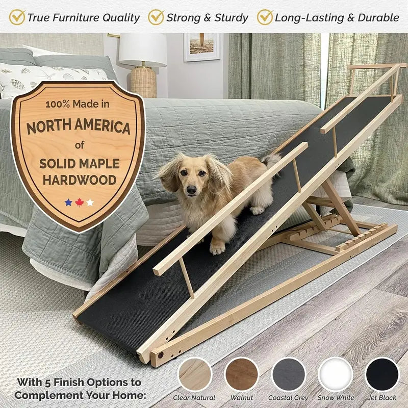 Dog Ramp for Beds  Height-Adjustable Pet Stair Alternative (up to 37″) with Safety Rails & Non-Slip Surface, Hardwood Construction, North America Made