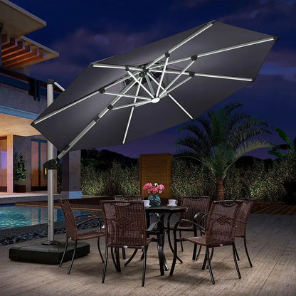 12-Foot Solar-Powered LED Cantilever Patio Umbrella  Wind-Resistant Round Outdoor Parasol with Built-in Lights