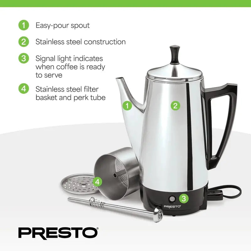 Presto 12-Cup Stainless Steel Percolator  Fast-Brewing Stovetop Coffee Maker (Silver)
