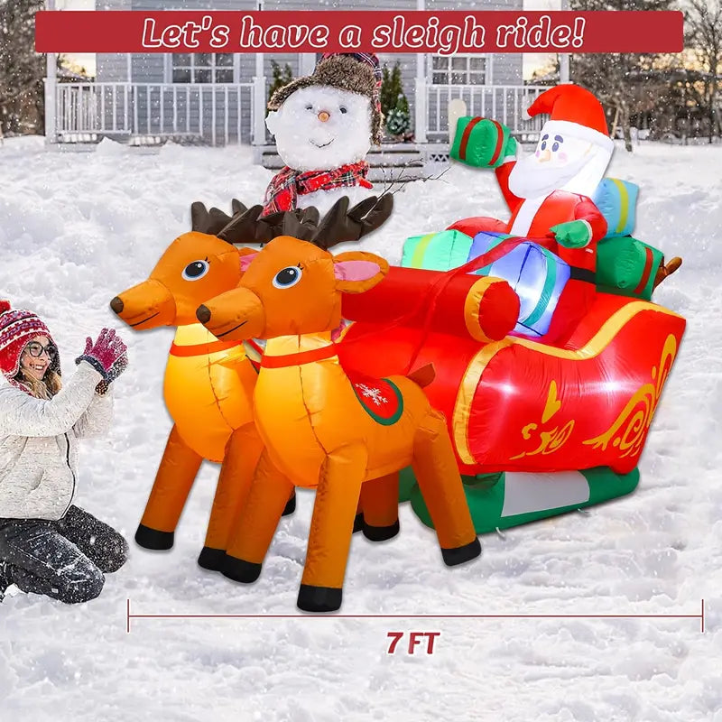 HolidayJoy 7ft Inflatable Santa & Reindeer Sleigh with LED Lights  Outdoor Christmas Decor