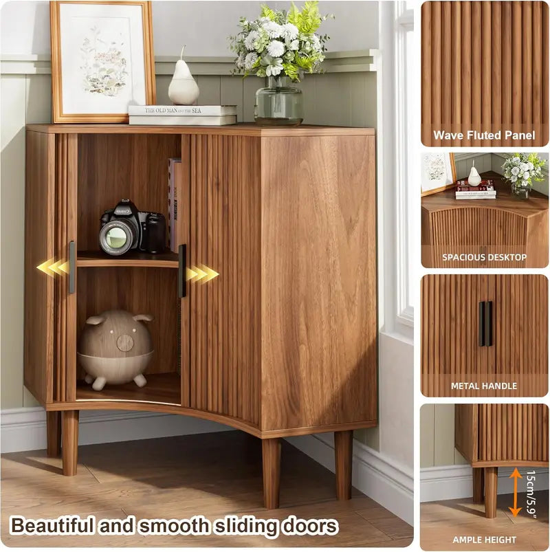 Compact Fluted Wooden Corner Base Cabinet — Minimalist Storage Solution