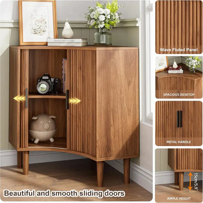 Compact Fluted Wooden Corner Base Cabinet — Minimalist Storage Solution
