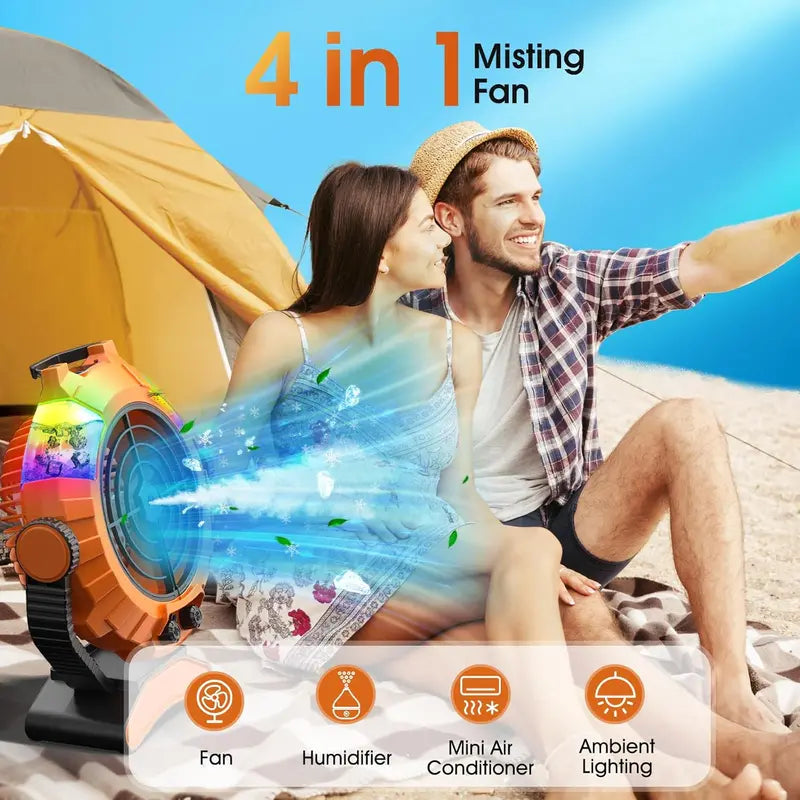 JYew Portable Misting Fan  Rechargeable 10,000mAh Battery-Powered Cooling Fan with Hook Mount & USB Charging for Outdoor Use