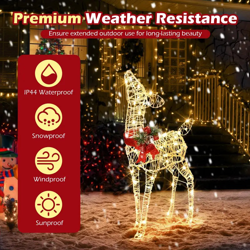 Pre-Lit Baby Reindeer Decoration  Lighted Holiday Figurine with 50 Warm White LEDs & Festive Red Bow