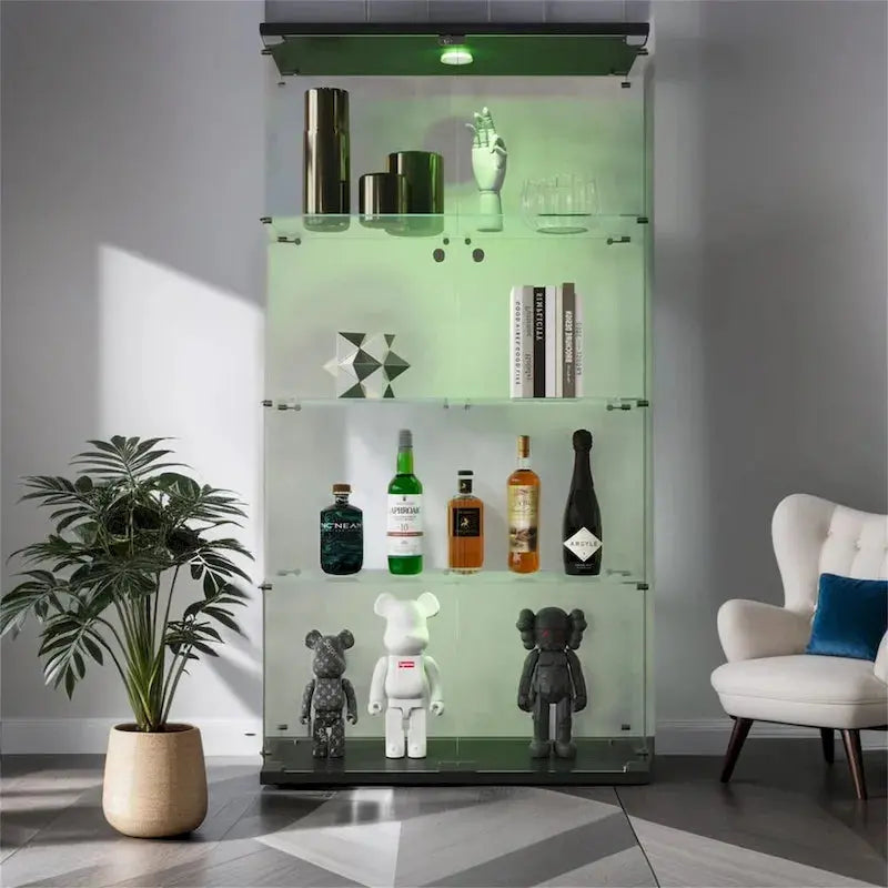 Lighted Double-Door Glass Display Cabinet  Black Finish with Four Adjustable Shelves
