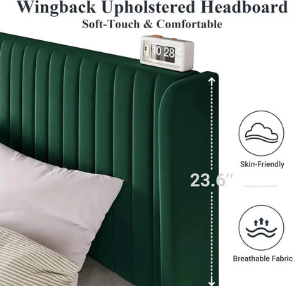 Allewie Full-Size Velvet Upholstered Bed — Vertical Channel-Tufted Wingback Headboard