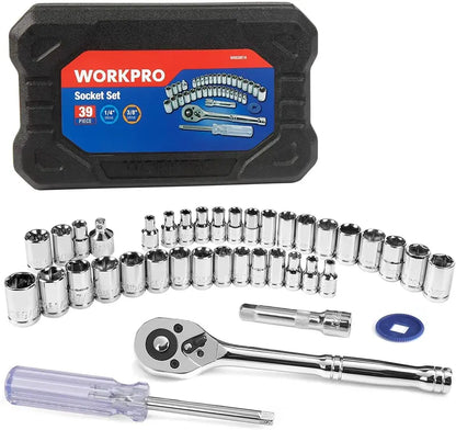 WORKPRO 39-Piece Socket Wrench Set (Metric & SAE) with Durable Tool Box