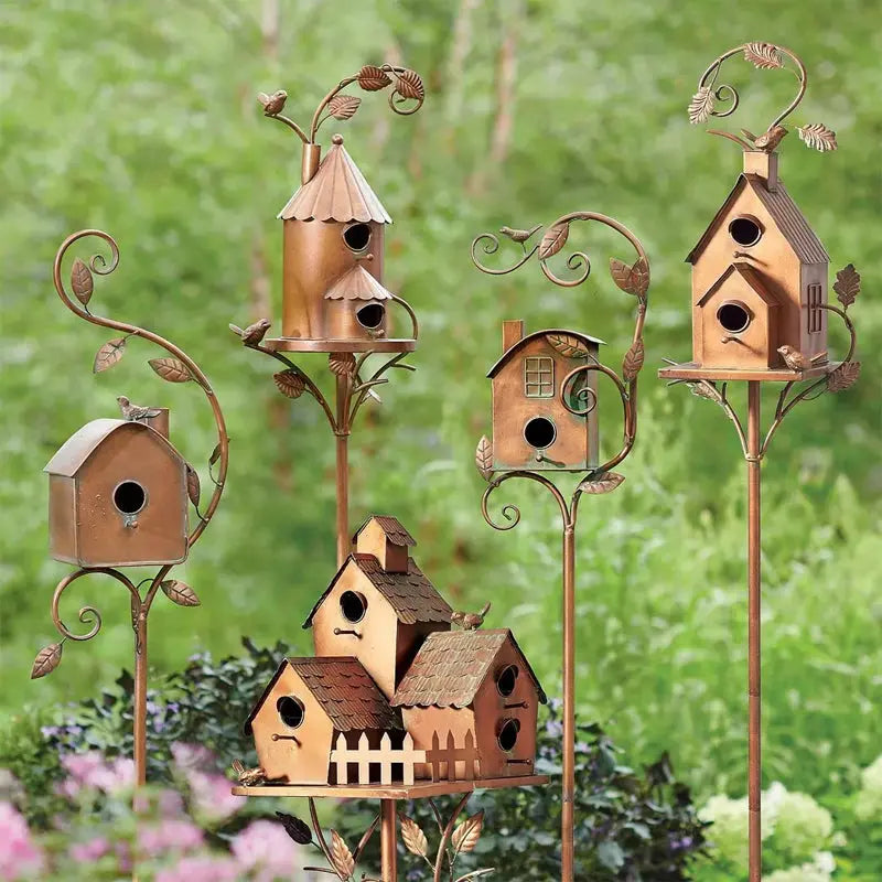 Decorative Birdhouse Garden Stakes  Rustic Lawn & Yard Accent Set