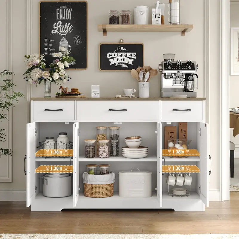55-Inch Farmhouse-Style Buffet Cabinet with Drawers, Shelves, and Four Doors  White Rustic Kitchen Storage