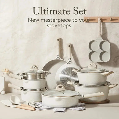 21-Piece Granite-Coated Nonstick Cookware Set  Induction-Compatible, Beige Finish