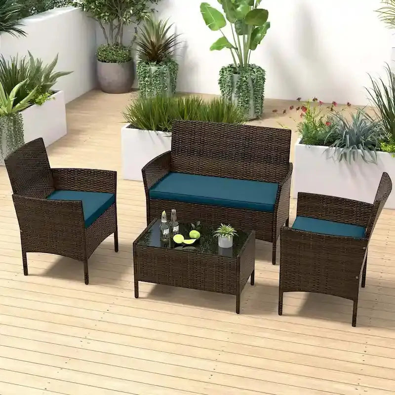 Costway 4-Piece Patio Furniture Set  Tempered Glass Table with Washable Seat Cushions