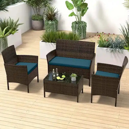Costway 4-Piece Patio Furniture Set  Tempered Glass Table with Washable Seat Cushions
