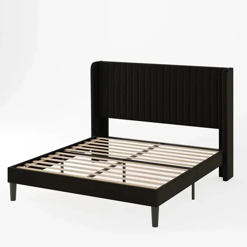 Allewie Full-Size Velvet Upholstered Bed — Vertical Channel-Tufted Wingback Headboard