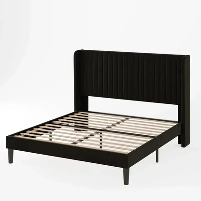 Allewie Full-Size Velvet Upholstered Bed — Vertical Channel-Tufted Wingback Headboard