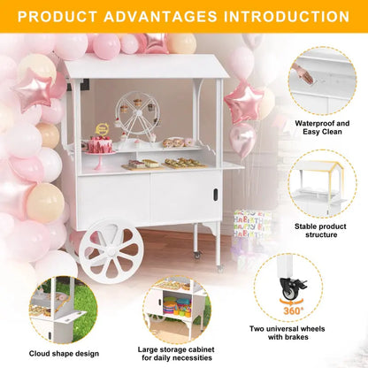 Wooden Dessert Cart with Wheels  Mobile Candy or Party Serving Station with Cabinet Storage