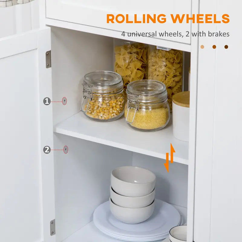 HOMCOM Rolling Kitchen Island on Wheels, Utility Serving Cart with Rubber Wood Top, Towel Rack, Storage Cabinets and Drawer, White