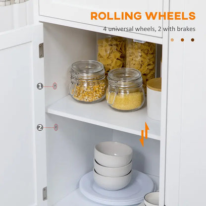 HOMCOM Rolling Kitchen Island on Wheels, Utility Serving Cart with Rubber Wood Top, Towel Rack, Storage Cabinets and Drawer, White