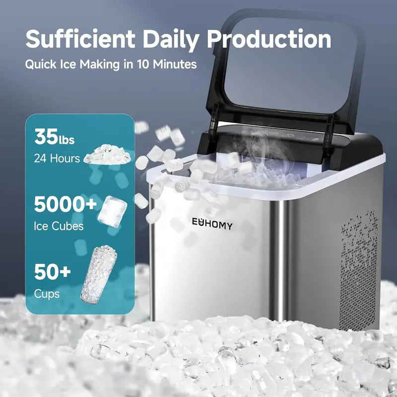 EUHOMY Portable Nugget Ice Maker  35 lbs/Day Output, 8-Minute First-Batch Time, Self-Cleaning, Chewable Ice for Home, RV, or Outdoor Events