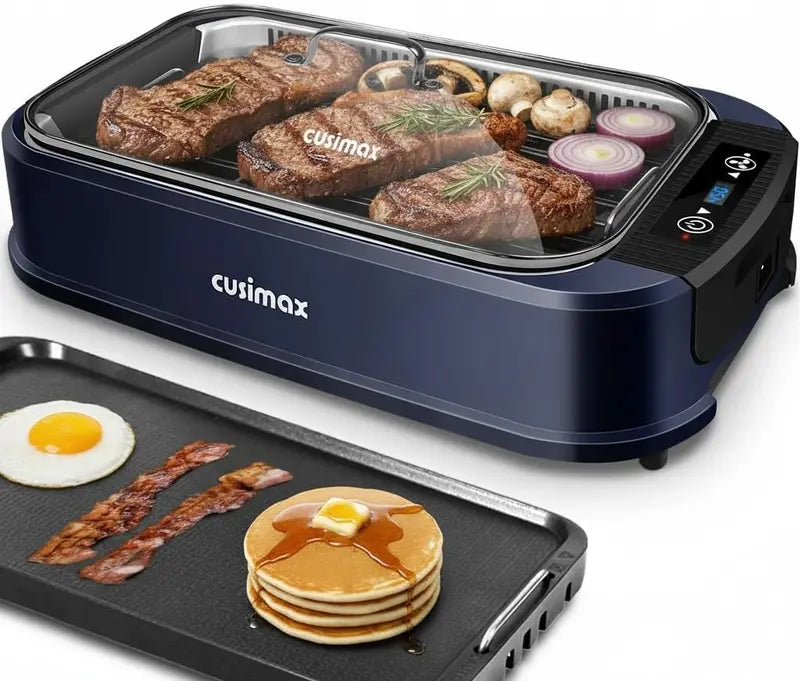 CUSIMAX Smokeless Indoor Grill: Turbo Smoke Extraction, Non-Stick Removable Plate, Tempered Glass Lid, and Compact Korean BBQ Design