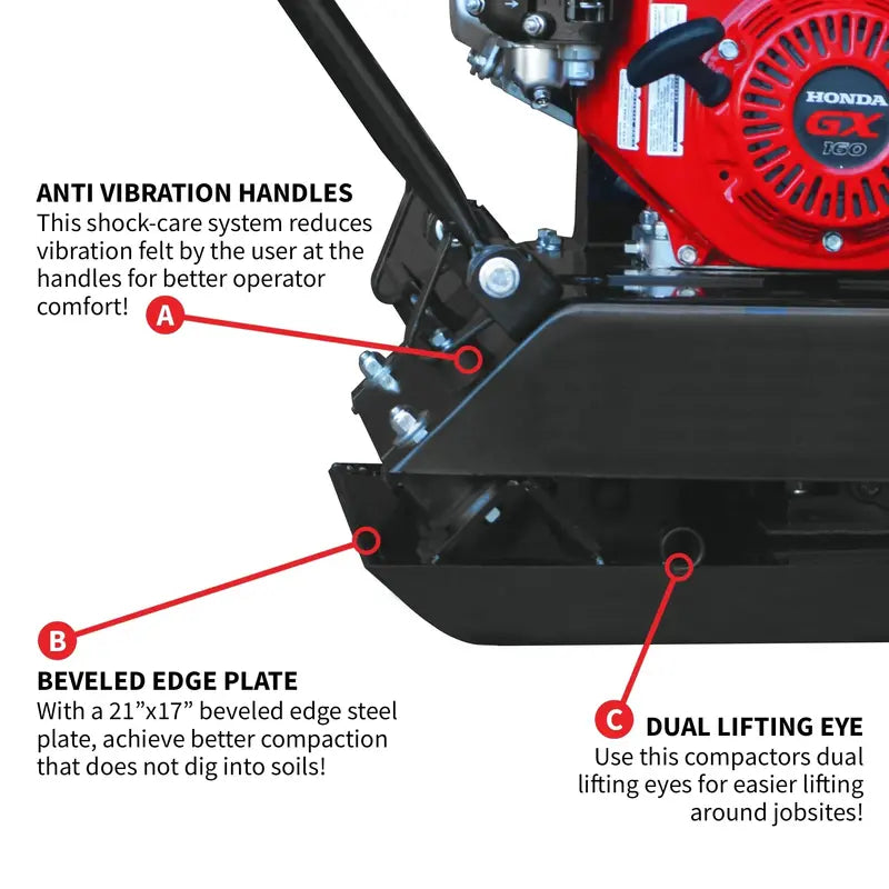 Tomahawk Power Gas Plate Compactor  5.5 HP, 3000 lbs/ft Force, 63cc Engine, 17×13″ Plate
