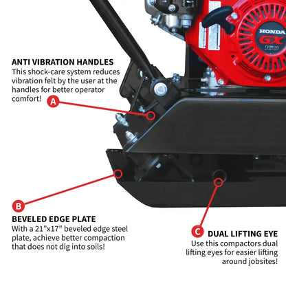 Tomahawk Power Gas Plate Compactor  5.5 HP, 3000 lbs/ft Force, 63cc Engine, 17×13″ Plate