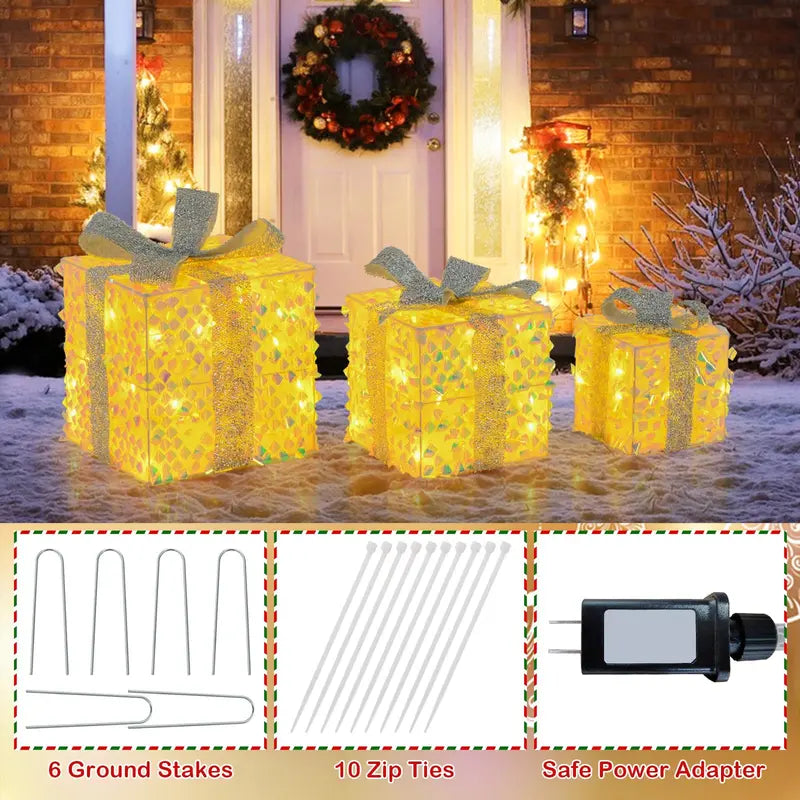 Set of 3 Laser-Finish Lighted Christmas Gift Boxes with Fish-Scale Texture