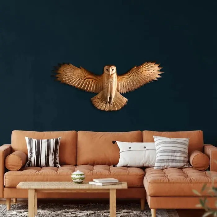 TimberHaven Wooden Owl Wall Art  ‘Majestic’ Carved Bird Decor in Natural Wood Finish