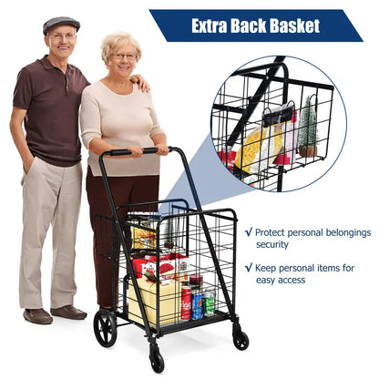 Heavy-Duty Folding Grocery Cart with Dual Baskets, 330-LB Capacity, and 360° Swivel Wheels
