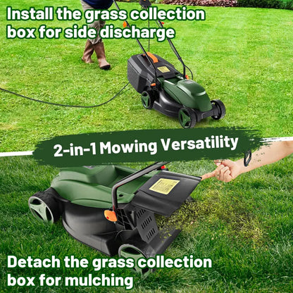 Corded Electric Lawn Mower, 12-Amp 14-Inch Dual-Mode Cutting System